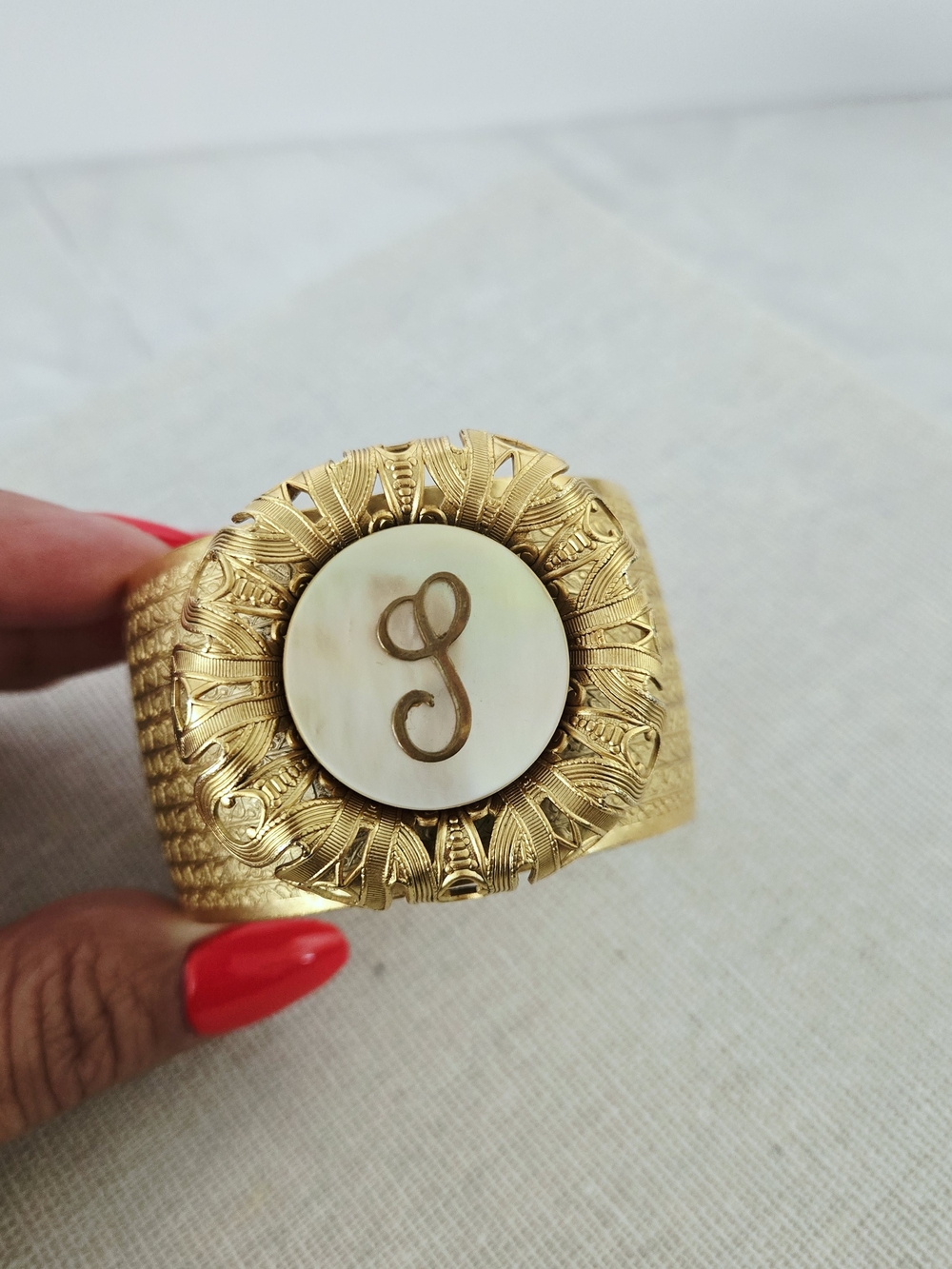 Gold-Tone Cuff Bracelet with Mother-of-Pearl Initial Accent